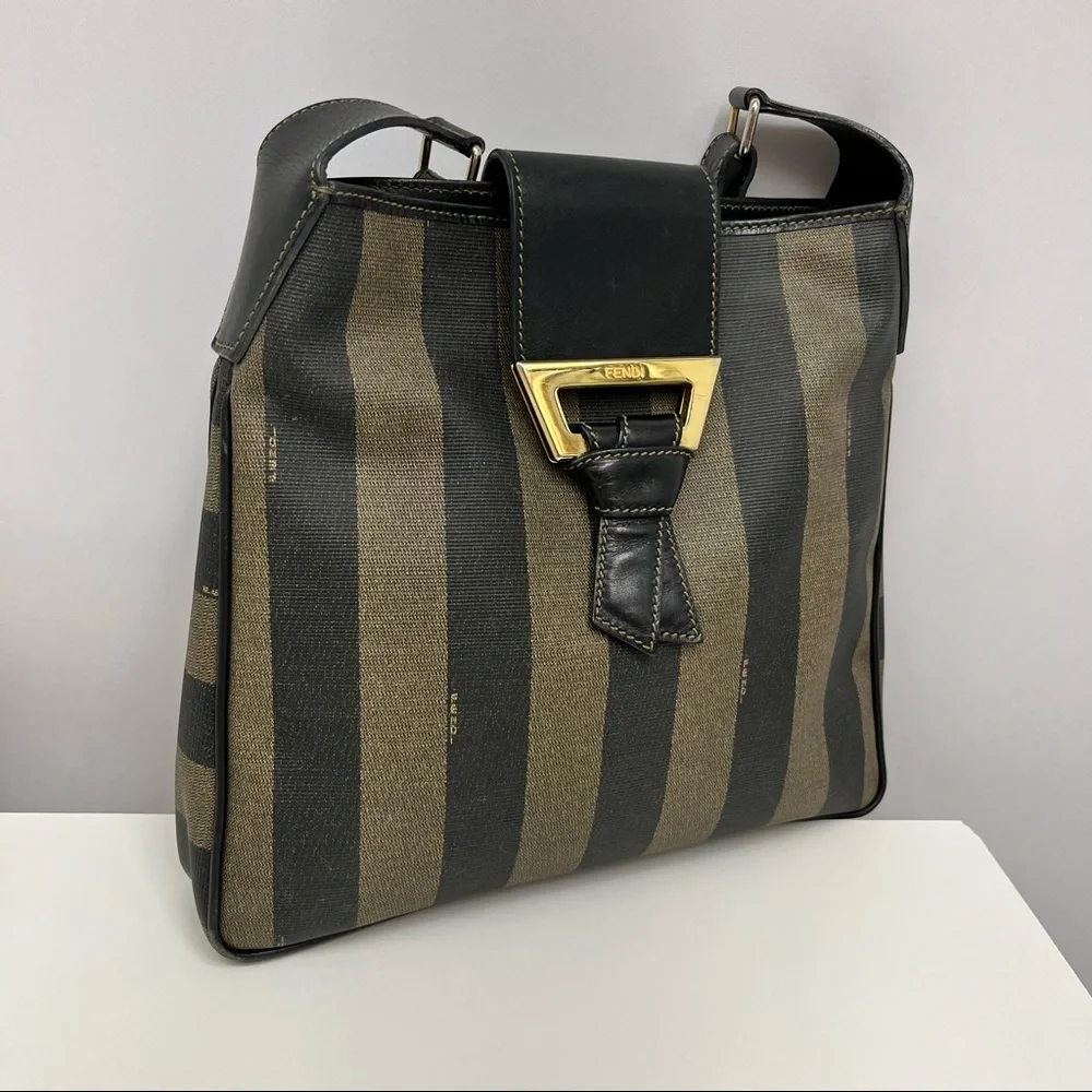 ❤️SOLD❤️ Vintage Fendi Pequin Shoulder Bag Black and Brown Striped Fabulous - Picture 5 of 13